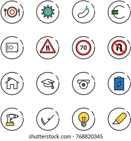 line vector icon set - plate spoon fork vector, sun, eggplant, euro, safe, Road narrows sign, speed limit 70, no turn back, home, graduate hat, surveillance camera, battery, drill, scythe, bulb