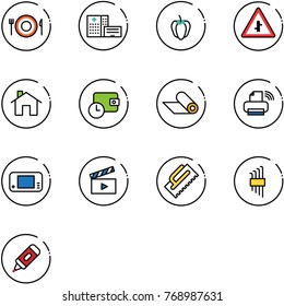 line vector icon set - plate spoon fork vector, hospital building, sweet pepper, intersection road sign, home, wallet time, mat, printer wireless, game console, movie flap, trowel, allen key set