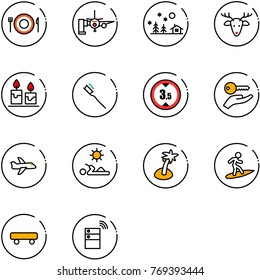 line vector icon set - plate spoon fork vector, boarding passengers, christmas landscape, deer, candle, tooth brush, limited height road sign, key hand, plane, reading, palm, surfing, skateboard