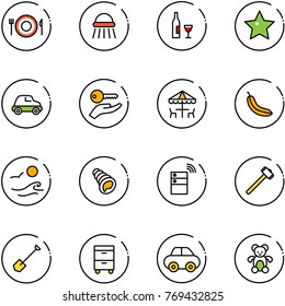 line vector icon set - plate spoon fork vector, shower, wine, star, car, key hand, outdoor cafe, banana, waves, shell, server wireless, sledgehammer, shovel, tool cabinet, bear toy