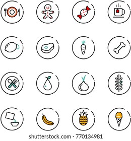 line vector icon set - plate spoon fork vector, cake man, candy, tea, lemon, meat, carrot, broken bone, pear, onion, spica, cereal, banana, pineapple, ice cream