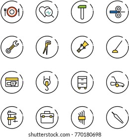 line vector icon set - plate spoon fork vector, heart diagnosis, work, steel rolling, wrench, plumber, dowel, hoe, generator, winch, tool cabinet, lawn mower, clamp, box, allen key set, forceps