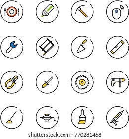 line vector icon set - plate spoon fork vector, highlight marker, rock axe, mouse wireless, wrench, bucksaw, trowel, level, side cutters, clinch, saw disk, drill machine, hoe, jack, brush