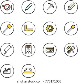 line vector icon set - plate spoon fork vector, thermometer, job, highlight marker, rubber hammer, corner ruler, nut, wood drill, metal hacksaw, multimeter, generator, wrench, stapler