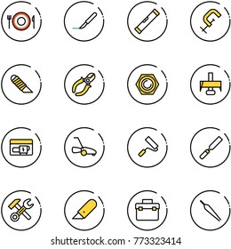 line vector icon set - plate spoon fork vector, scalpel, level, clamp, work knife, side cutters, nut, milling cutter, generator, lawn mower, paint roller, rasp, wrench hammer, tool box, forceps