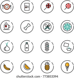 line vector icon set - plate spoon fork vector, coffee machine, lollipop, tea, broken bone, lemon slice, onion, milk, spica, cereal, banana, watermelone, pineapple, ice cream