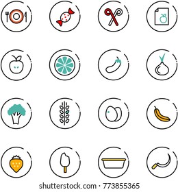 line vector icon set - plate spoon fork vector, candy, santa stick, diet list, apple, lemon slice, eggplant, onion, broccoli, spica, eggs, banana, strawberry, ice cream, basin, sickle