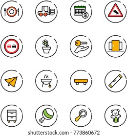 line vector icon set - plate spoon fork vector, loader, calendar, multi lane traffic road sign, no overtake, flower pot, key hand, doors, paper fly, grill, skateboard, level, tool cabinet, beanbag