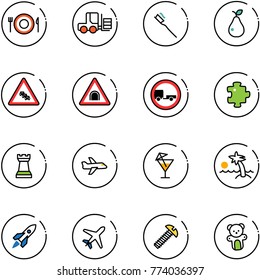 line vector icon set - plate spoon fork vector, loader, tooth brush, pear, multi lane traffic road sign, tunnel, no trailer, puzzle, chess tower, plane, drink, palm, rocket, screw, bear toy