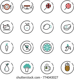 line vector icon set - plate spoon fork vector, cafe, lollipop, turkey, apple, lemon, meat, carrot, no alcohol sign, slice, banana, pear, broccoli, green tea, pineapple
