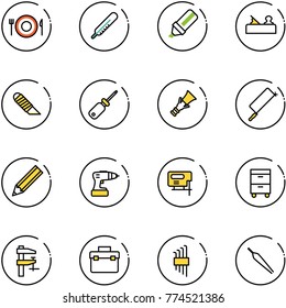 line vector icon set - plate spoon fork vector, thermometer, highlight marker, jointer, work knife, screwdriver, dowel, metal hacksaw, pencil, drill, jig saw, tool cabinet, clamp, box, allen key set