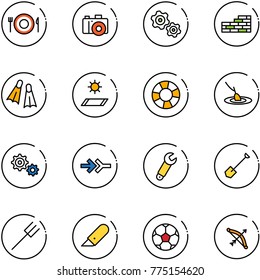 line vector icon set - plate spoon fork vector, camera, gears, brick wall, flippers, mat, lifebuoy, fishing, gear, connect, wrench, shovel, farm, work knife, soccer ball, bow