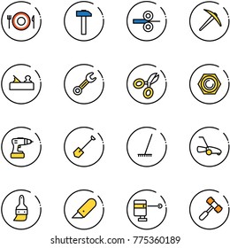 line vector icon set - plate spoon fork vector, hammer, steel rolling, axe, jointer, wrench, scissors, nut, drill, shovel, rake, lawn mower, brush, work knife, laser lever, toy
