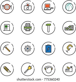 line vector icon set - plate spoon fork vector, terrorism, netabook connect, basketball ball, atm, printer, work, brick wall, rock axe, gear, battery, clamp, knife, wood drill, protect glass