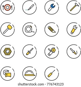 line vector icon set - plate spoon fork vector, scalpel, wrench, mason hammer, rubber, measuring tape, work knife, nut, clinch, Angular grinder, soldering iron, machine tool, construction helmet