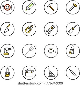 line vector icon set - plate spoon fork vector, highlight marker, rock axe, hammer, trowel, side cutters, bolt cutter, screwdriver, drill, farm, jack, winch, brush, tool box, corner ruler, forceps