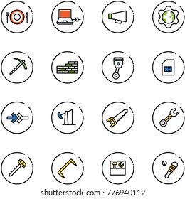 line vector icon set - plate spoon fork vector, netabook connect, loudspeaker, gear globe, job, brick wall, piston, sim, oil derrick, saw, wrench, nail, staple, tool box, baseball bat