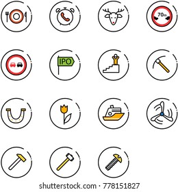 line vector icon set - plate spoon fork vector, phone alarm, christmas deer, limited distance road sign, no overtake, ipo, success, rock axe, luck, tulip, cruiser, wind mill, hammer, sledgehammer