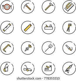 line vector icon set - plate spoon fork vector, rock axe, mason hammer, trowel, level, ruler, jointer, plumber, staple, nail dowel, farm, soldering iron, winch, lawn mower, stapler, gun sealant
