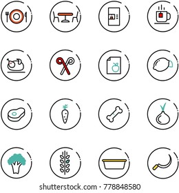 line vector icon set - plate spoon fork vector, cafe, coffee machine, tea, turkey, santa stick, diet list, lemon, meat, carrot, broken bone, onion, broccoli, spica, basin, sickle