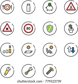 line vector icon set - plate spoon fork vector, vial, piggy bank, pedestrian road sign, railway intersection, speed limit 80, shield, flower pot, dollar chart, mat, beach, up down arrows, wrench