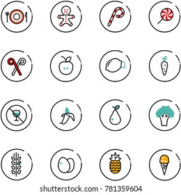 line vector icon set - plate spoon fork vector, cake man, lollipop, santa stick, apple, lemon, carrot, no alcohol sign, banana, pear, broccoli, spica, eggs, pineapple, ice cream