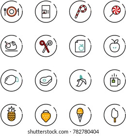 line vector icon set - plate spoon fork vector, coffee machine, lollipop, turkey, santa stick, diet list, apple, lemon, meat, banana, green tea, pineapple, strawberry, ice cream