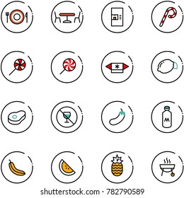 line vector icon set - plate spoon fork vector, cafe, coffee machine, lollipop, candy, lemon, meat, no alcohol sign, eggplant, milk, banana, watermelone, pineapple, grill