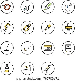 line vector icon set - plate spoon fork vector, stethoscope, highlight marker, mouse wireless, clamp, side cutters, dowel, milling cutter, rake, scythe, generator, tool cabinet, brush, stapler