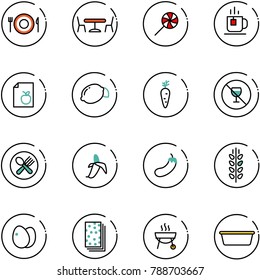 line vector icon set - plate spoon fork vector, cafe, lollipop, tea, diet list, lemon, carrot, no alcohol sign, banana, eggplant, spica, eggs, breads, grill, basin