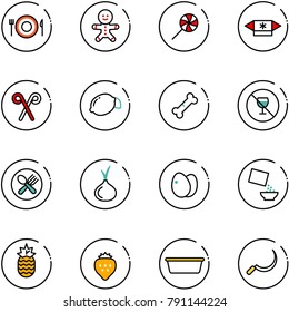 line vector icon set - plate spoon fork vector, cake man, lollipop, candy, santa stick, lemon, broken bone, no alcohol sign, onion, eggs, cereal, pineapple, strawberry, basin, sickle