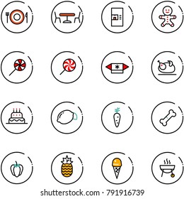 line vector icon set - plate spoon fork vector, cafe, coffee machine, cake man, lollipop, candy, turkey, lemon, carrot, broken bone, sweet pepper, pineapple, ice cream, grill