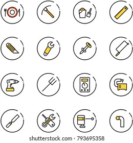 line vector icon set - plate spoon fork vector, rock axe, bucket scoop, ruler, work knife, wrench, nail dowel, metal hacksaw, drill, farm, multimeter, machine tool, rasp, screwdriver, laser lever