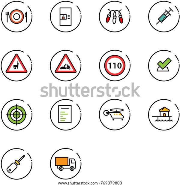 line
vector icon set - plate spoon fork vector, coffee machine, garland,
syringe, wild animals road sign, car crash, speed limit 110, check,
target, document, helicopter, bungalow,
screwdriver