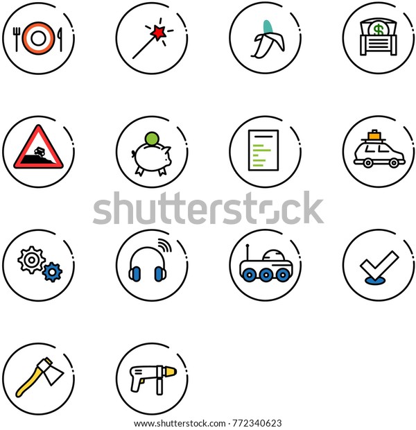 line vector icon set - plate spoon fork vector, Magic\
wand, banana, money chest, steep roadside road sign, piggy bank,\
document, car baggage, gear, wireless headphones, moon rover,\
check, axe