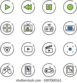 line vector icon set - play vector, fast backward, pause, record, film coil, tv news, joystick wireless, game console, surveillance camera, playback, movie flap, button, gamepad