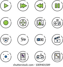 line vector icon set - play vector, fast forward, backward, pause, record, film coil, tv news, joystick wireless, surveillance camera, projector, movie flap, button, game console, gamepad