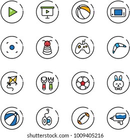 line vector icon set - play vector, presentation board, ball, game console, record button, pyramid toy, joystick, boomerang, kite, shovel fork, soccer, rabbit, beach, yoyo, football, water gun