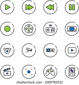 line vector icon set - play vector, fast forward, backward, pause, record, film coil, joystick wireless, game console, surveillance camera, projector, playback, movie flap, button