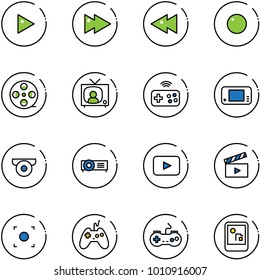 line vector icon set - play vector, fast forward, backward, record, film coil, tv news, joystick wireless, game console, surveillance camera, projector, playback, movie flap, button, gamepad