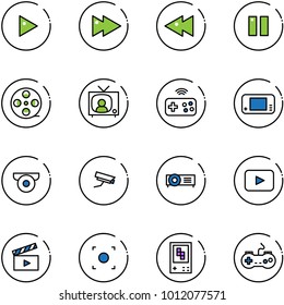 line vector icon set - play vector, fast forward, backward, pause, film coil, tv news, joystick wireless, game console, surveillance camera, projector, playback, movie flap, record button, gamepad