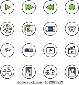 line vector icon set - play vector, fast forward, backward, record, film coil, tv news, game console, surveillance camera, projector, playback, movie flap, joystick, gamepad