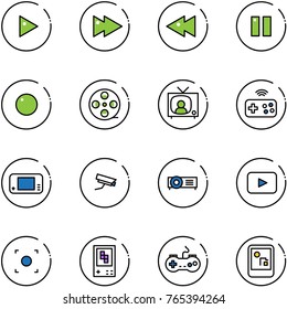 line vector icon set - play vector, fast forward, backward, pause, record, film coil, tv news, joystick wireless, game console, surveillance camera, projector, playback, button, gamepad