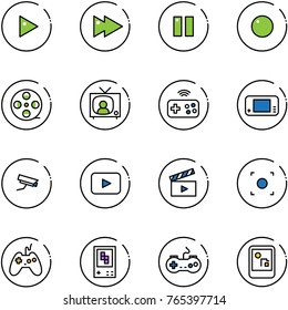 line vector icon set - play vector, fast forward, pause, record, film coil, tv news, joystick wireless, game console, surveillance camera, playback, movie flap, button, gamepad