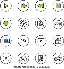 line vector icon set - play vector, fast forward, backward, pause, record, film coil, tv news, joystick wireless, game console, surveillance camera, playback, movie flap, button, gamepad