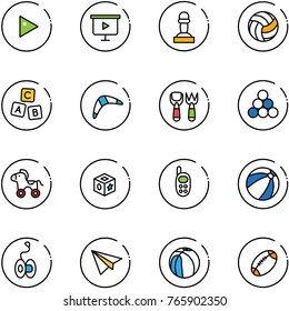 line vector icon set - play vector, presentation board, pawn, volleyball, abc cube, boomerang, shovel fork toy, billiards balls, wheel horse, phone, beach ball, yoyo, paper plane, basketball