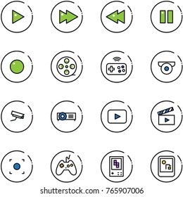 line vector icon set - play vector, fast forward, backward, pause, record, film coil, joystick wireless, surveillance camera, projector, playback, movie flap, button, game console