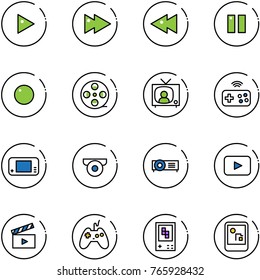 line vector icon set - play vector, fast forward, backward, pause, record, film coil, tv news, joystick wireless, game console, surveillance camera, projector, playback, movie flap