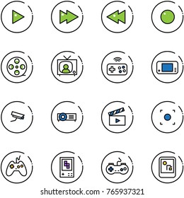 line vector icon set - play vector, fast forward, backward, record, film coil, tv news, joystick wireless, game console, surveillance camera, projector, movie flap, button, gamepad