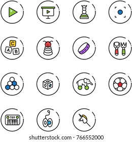 line vector icon set - play vector, presentation board, chess queen, record button, abc cube, pyramid toy, tambourine, shovel fork, billiards balls, elephant wheel, soccer ball, piano, yoyo